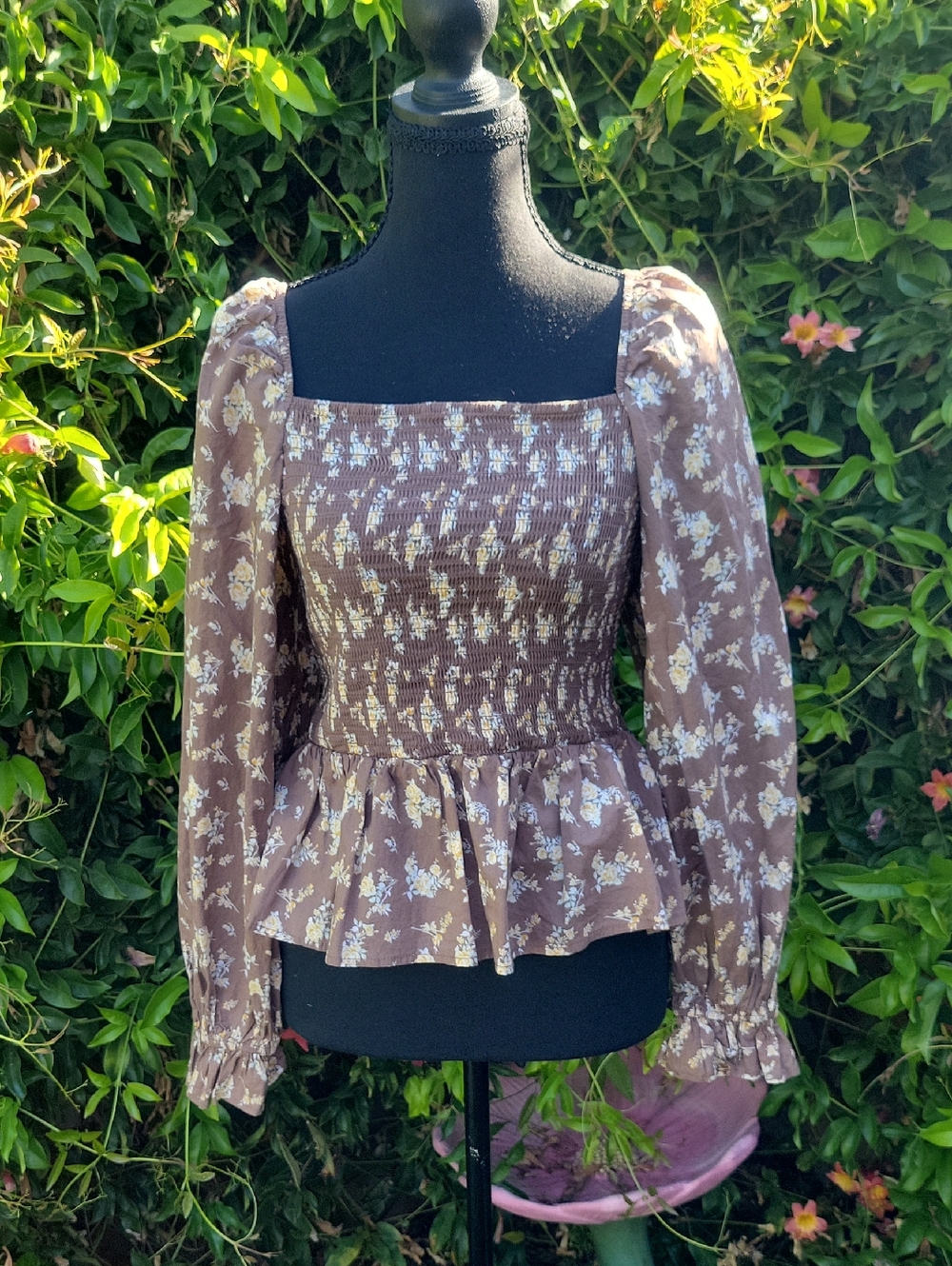 Brown Floral 100% Cotton Puff Sleeve Stretchy Boho Blouse L - Picture 12 of 14